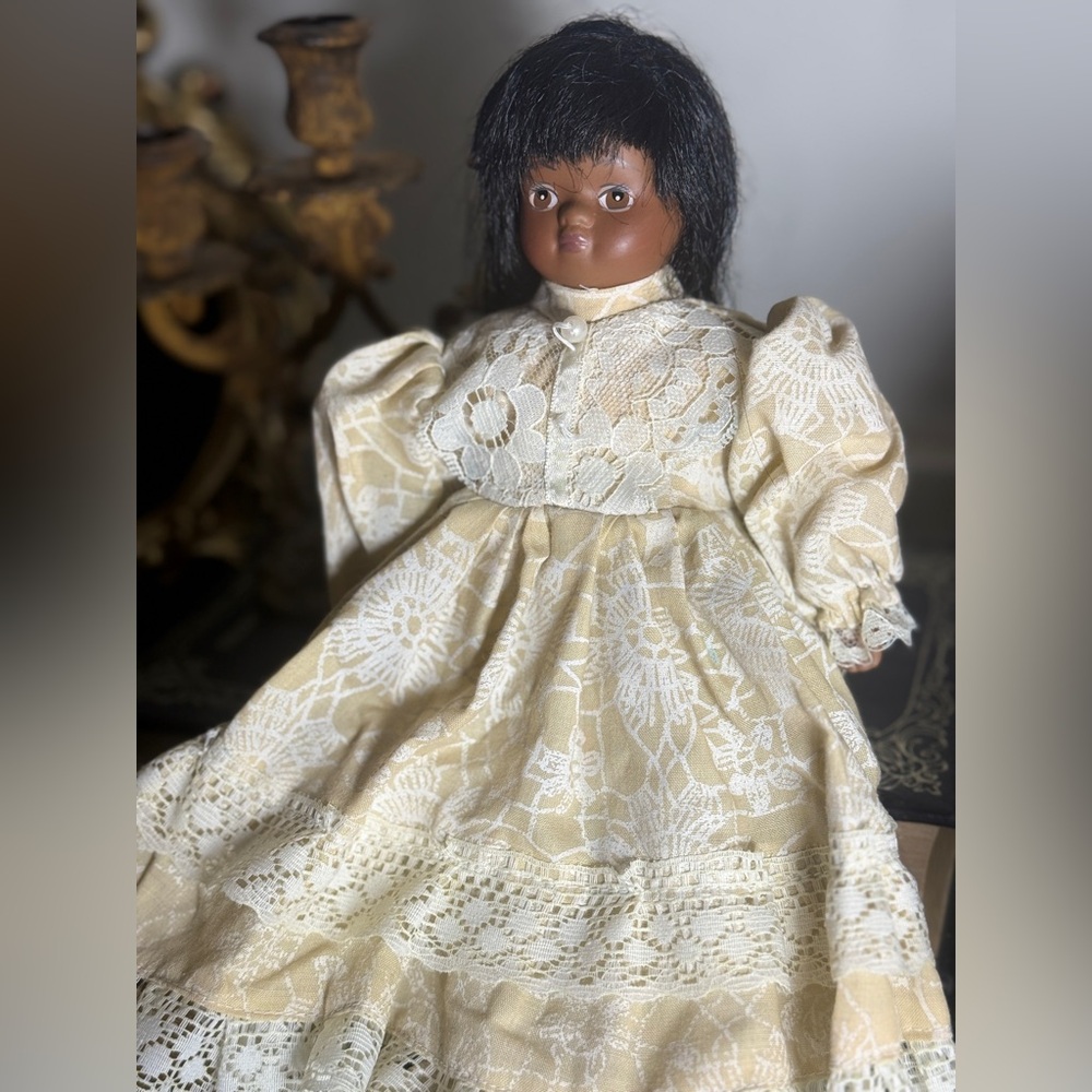 Vintage dark skin doll porcelain head hand and feet soft body